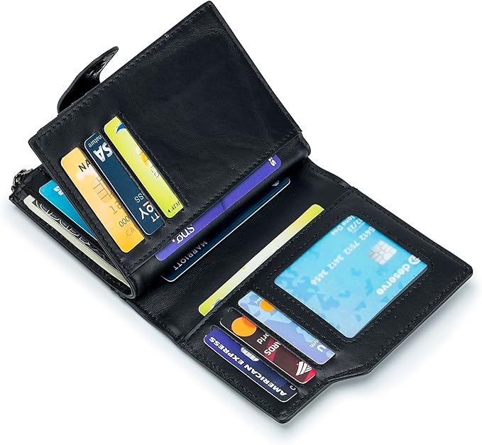 LUKZIJAES Genuine Leather Wallet for Men Vertical Model Large Capacity Card Case Purse Mens Vintage RFID Blocking with Zipper ID Window Coin Pocket (#6-Black)