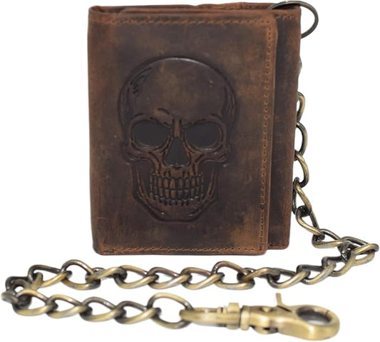 Men's RFID Blocking Trifold Vintage Leather Biker Chain Wallet With Snap Closure
