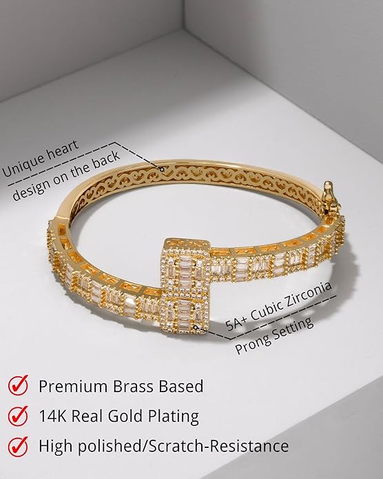 Lulu Mel Iced Out Baguette Diamond Bracelet Jewelry for Women, Hip Hop Mens 14k Gold Silver Plated Cubic Zirconia Bangle Bracelet, Men Heart Cuff Bracelet With Jewelry Box