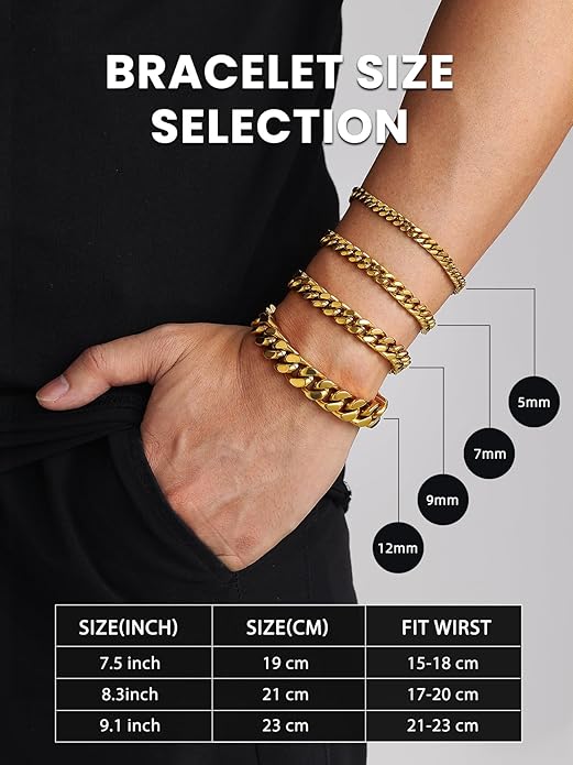 Bestyle Thick Mens Cuban Link Chain Bracelets, Durable Real 18K Gold/Black Metal Plated Solid Stainless Steel Hand Chain Cuban Bracelets for Men, Silver Black Gold Bracelets for Father Husband