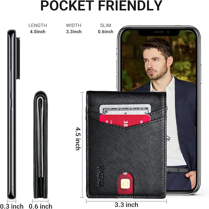 VATAN Wallet for Men, Mens Minimalist Wallet Credit Card Holder, Slim Leather Rfid 2 ID Window Large Capacity With Gift Box (Cross Grain Black)