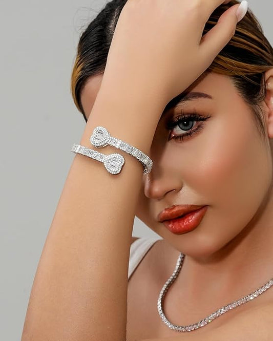 Lulu Mel Iced Out Baguette Diamond Bracelet Jewelry for Women, Hip Hop Mens 14k Gold Silver Plated Cubic Zirconia Bangle Bracelet, Men Heart Cuff Bracelet With Jewelry Box