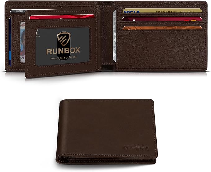 RUNBOX Wallet for Men Bifold RFID Blocking Wallets with 2 ID Window 14 Card Holders 1 cash pocket 1 Gift Box