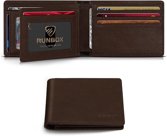 RUNBOX Wallet for Men Bifold RFID Blocking Wallets with 2 ID Window 14 Card Holders 1 cash pocket 1 Gift Box