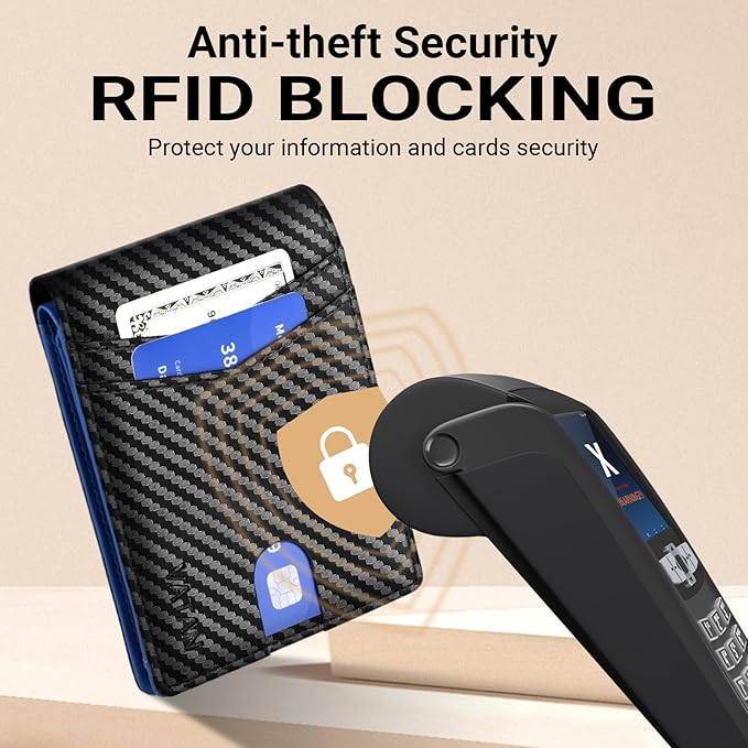 VATAN Wallet for Men, Mens Minimalist Wallet Credit Card Holder, Slim Leather Rfid 2 ID Window Large Capacity With Gift Box (Carbon Black and Blue)