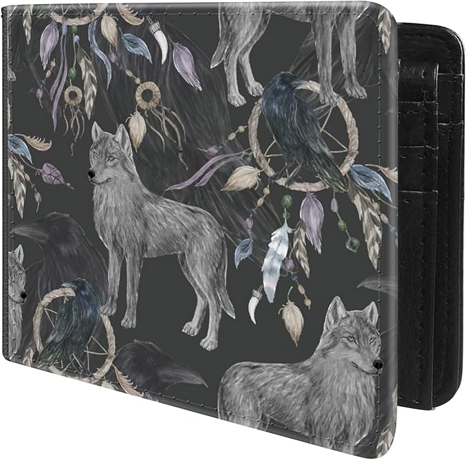 (Wolf, Crow And Native American Indian Tribal Dreamcatcher Front Pocket Slim Bifold Leather Wallet RFID Blocking with ID Window for Men
