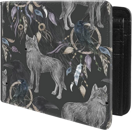 (Wolf, Crow And Native American Indian Tribal Dreamcatcher Front Pocket Slim Bifold Leather Wallet RFID Blocking with ID Window for Men