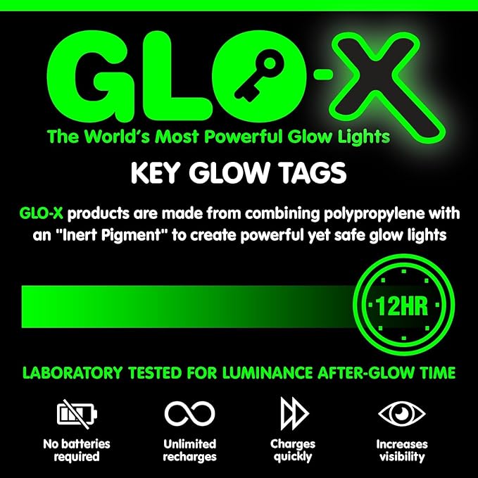 GLO-X Glow in The Dark Keychain - Find Your Light Up Key Chain In The Dark -12+ Hours Glow Time – Solar Powered Tags with Ring
