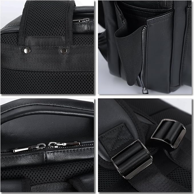 STAR VISTA 15.6" Trajan Premium Calfskin Leather Laptop Backpack for Men, Multi Pockets, Business Travel Bag, Casual Outdoor Rucksack, YKK Zippers, Black