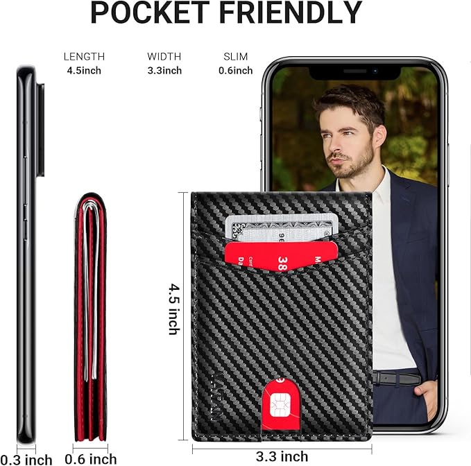 VATAN Wallet for Men, Mens Minimalist Wallet Credit Card Holder, Slim Leather Rfid 2 ID Window Large Capacity With Gift Box (Carbon black and Red)