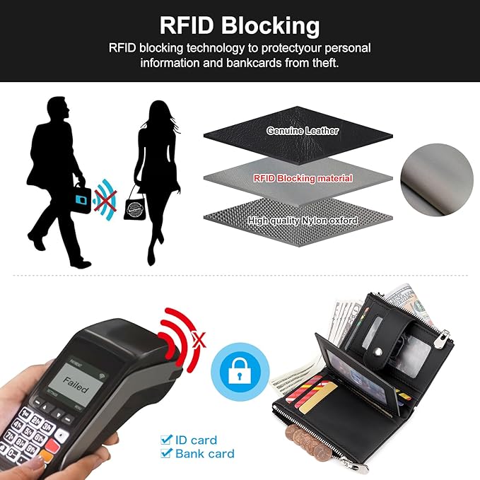 LAREET Mens Wallet with Chain, Genuine Leather Wallet RFID Blocking Bifold Purse Zipper Coin Pocket with Anti-Theft Chain