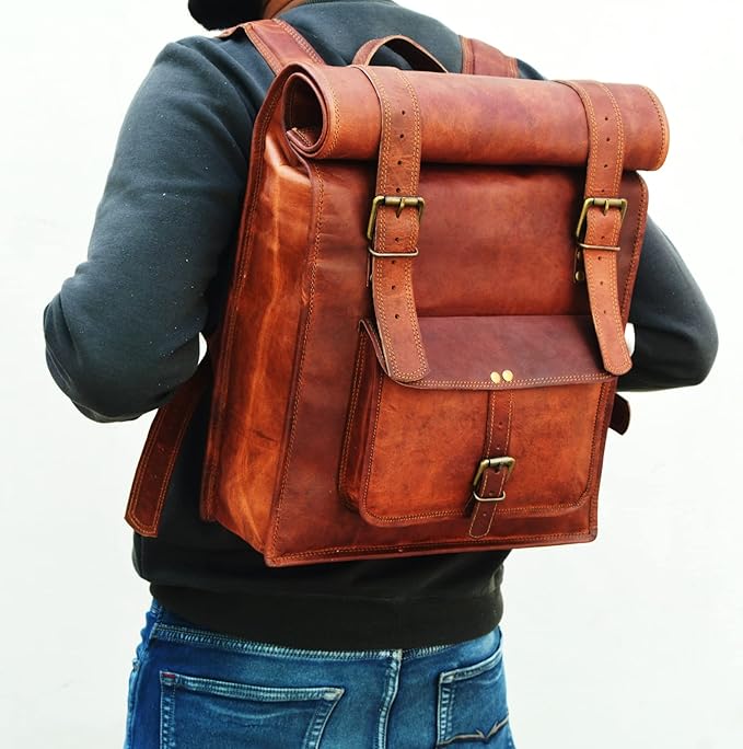 Men's 17 inch Leather Vintage Roll On Laptop Backpack Rucksack knapsack college bag