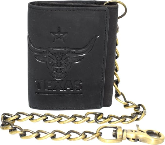 Men's RFID Blocking Trifold Vintage Leather Biker Chain Wallet With Snap Closure