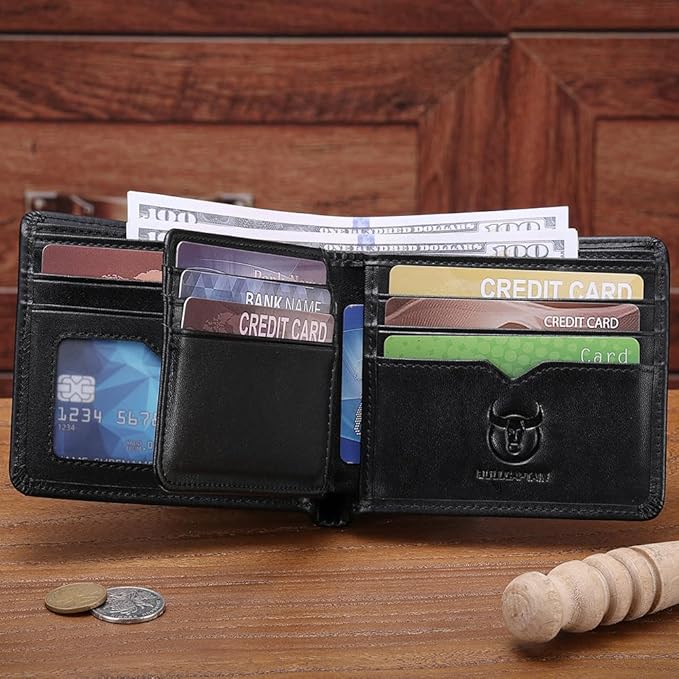 LUKZIJAES Mens Wallets Bifold Black Genuine Leather Wallet for Men RFID Blocking Slim Front Pocket Wallets with 2 ID Window (#13-Black)