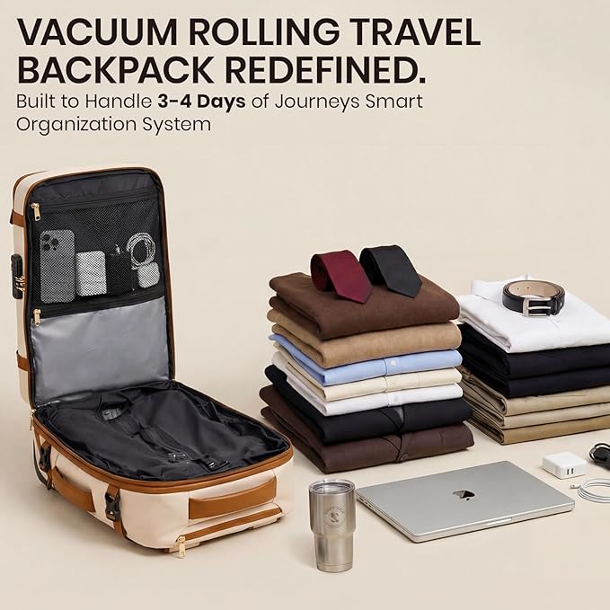 Fanwoli Rolling Vacuum Backpack Travel with One-Button Compression, Expandable Carry-On Suitcase Luggage, Approved TSA Lock & Water-Proof Laptop Compartment for Outdoor/Family/Business Trips