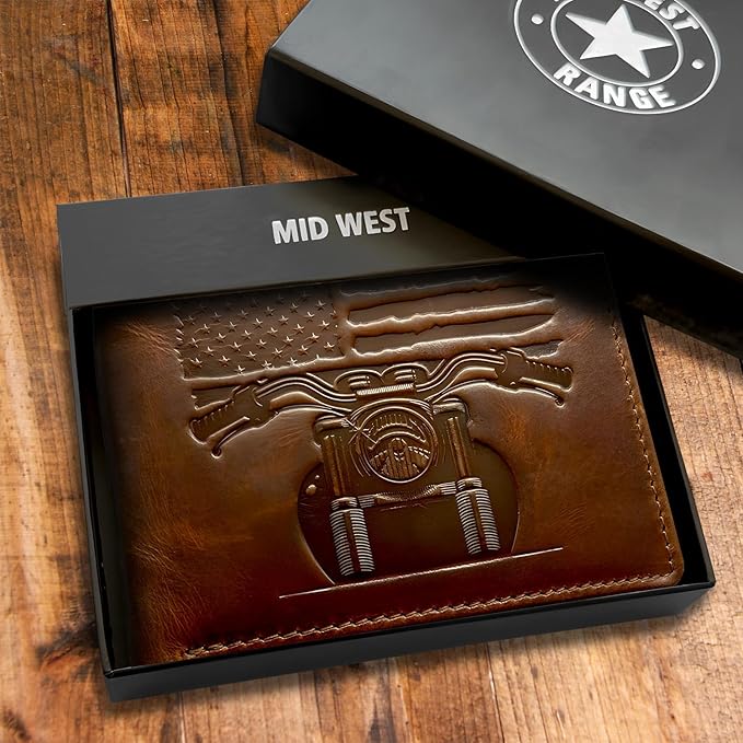 MID WEST RANGE Patriotic Biker Bifold Wallet with Chain for Men – Distressed Brown Leather, RFID-Blocking with 10 Card Slots, Flip-Out ID Holder, Embossed American Flag and Motorcycle Design