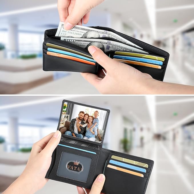 VATAN Wallet for Men, Mens Minimalist Wallet Credit Card Holder, Slim Leather Rfid 2 ID Window Large Capacity With Gift Box (Crazy Horse Black)