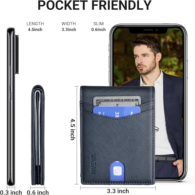 VATAN Wallet for Men, Mens Minimalist Wallet Credit Card Holder, Slim Leather Rfid 2 ID Window Large Capacity With Gift Box (Cross Grain Deep Blue)