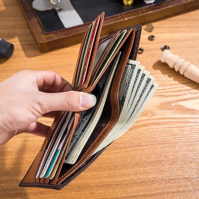 LUKZIJAES Genuine Leather Wallet for Men RFID Blocking Slim Bifold Front Pocket Wallets with 2 ID Window (#1-Yellow Brown)