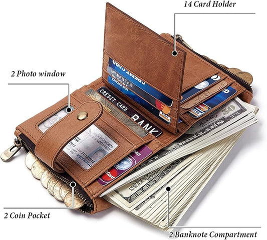 boshiho Real Leather RFID Blocking Bifold Wallets for Men Double Zipper Coin Pocket Purse with Anti-Theft Chain