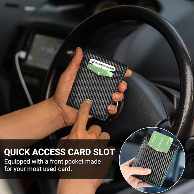 VATAN Wallet for Men, Mens Minimalist Wallet Credit Card Holder, Slim Leather Rfid 2 ID Window Large Capacity With Gift Box (Carbon black and Green)