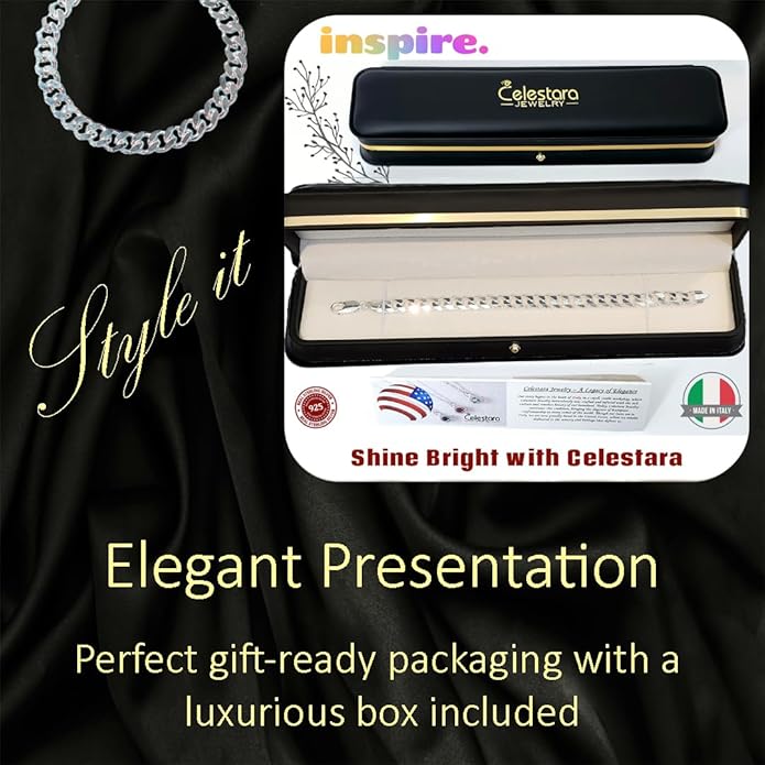 Celestara Jewelry, 925 Sterling Silver Cuban Link Chain, Italian-Made Solid Chain Bracelet and Necklace for Men & Women - (Premium Leather Gift Box Included)
