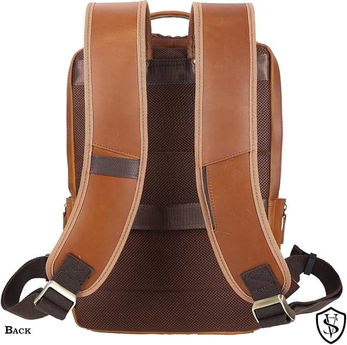 STAR VISTA 15.6" Trajan Vintage Full Grain Leather Laptop Backpack for Men, Multi Pockets, Casual Outdoor Business Travel Rucksack, YKK Zippers, Light Brown