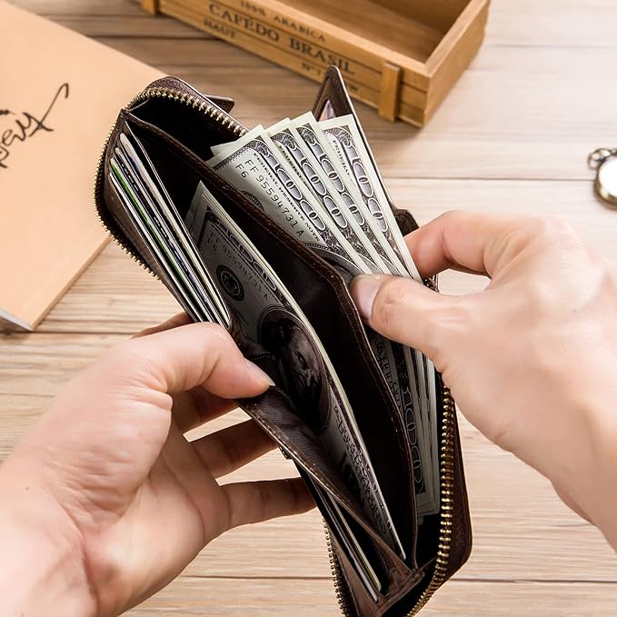 LUKZIJAES Genuine Leather Wallet for Men RFID Blocking Large Capacity Card Case with Zipper ID Window Coin Pocket (#2-Coffee)