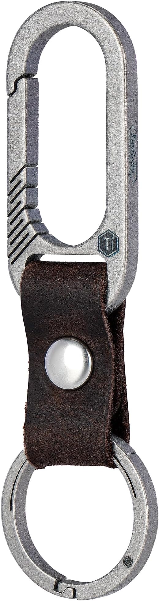 KeyUnity KM02 Titanium Belt Clip Carabiner Leather Keychain Holder with Removable Stainless Steel Key Ring