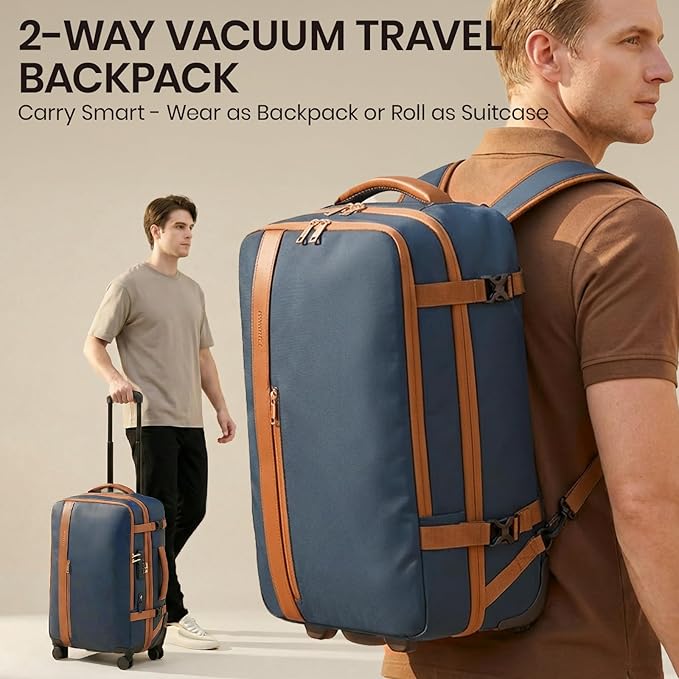 Fanwoli Rolling Vacuum Backpack Travel with One-Button Compression, Expandable Carry-On Suitcase Luggage, Approved TSA Lock & Water-Proof Laptop Compartment for Outdoor/Family/Business Trips