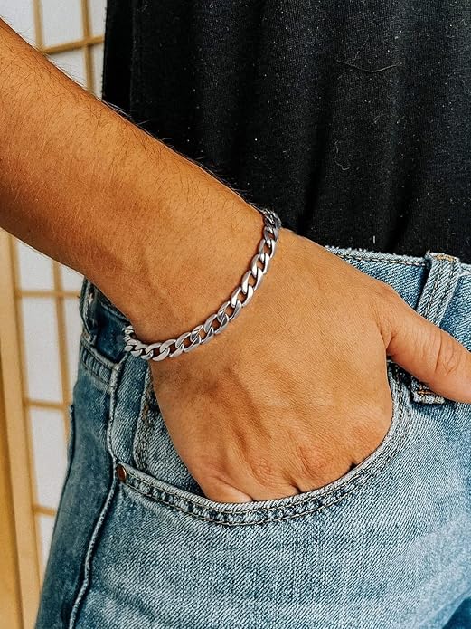 ChainsPro Men Sturdy Figaro/Cuban Chain Bracelet, 6/9/13mm Width, 7.48/8.26inch Length, 316L Stainless Steel/18K Gold Tone/Black- Send Gift Box