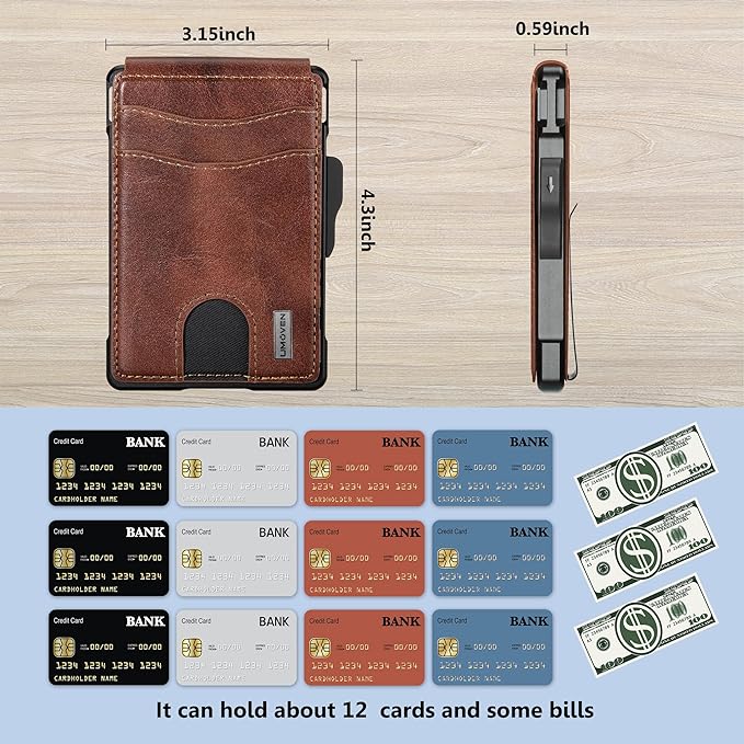 umoven Wallet for Men - with Money Clip Slim Leather Slots Credit Card Holder RFID Blocking Bifold Minimalist Wallet (Top Layer Leather-Brown Red)