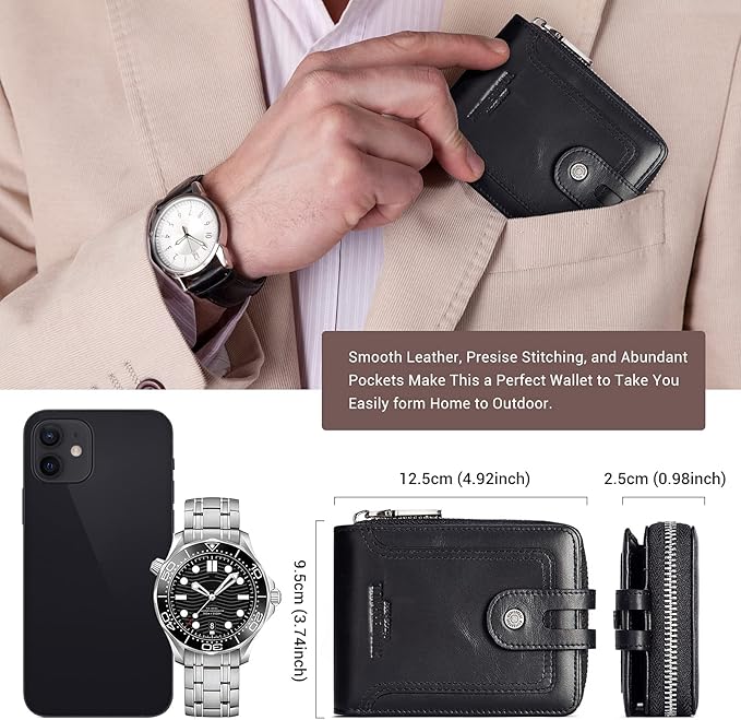 gzcz Mens Wallet with Zipper RFID Blocking Genuine Leather Bifold Purse with ID Window and Credit Card Holder (Black)