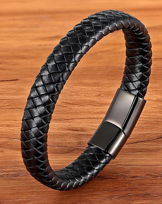 Leather Bracelet for Men, Braided Mens Cuff Bracelets with Stainless Steel Clasp Stacked Multi Style Color Anniversary Father's Day Birthday Christmas Jewelry Gifts for Him