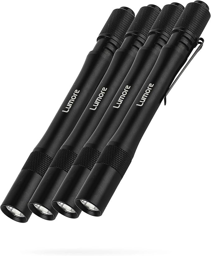 LUMORE Pen Light 4 Pack | 100 Lumens Each, 2 Hour Run Time, Battery Powered Handheld Flashlight, Durable & Waterproof, Perfect for EDC, Camping & Fishing, Includes 2x AA Batteries
