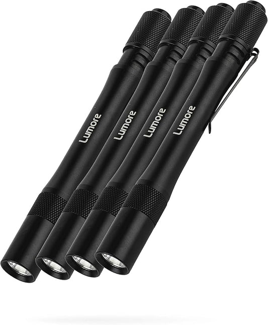 LUMORE Pen Light 4 Pack | 100 Lumens Each, 2 Hour Run Time, Battery Powered Handheld Flashlight, Durable & Waterproof, Perfect for EDC, Camping & Fishing, Includes 2x AA Batteries