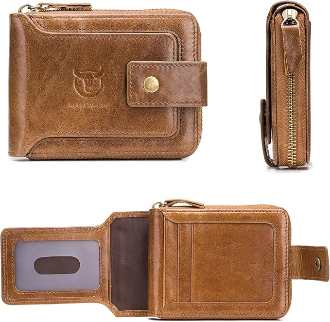 LUKZIJAES Genuine Leather Wallet for Men RFID Blocking Large Capacity Card Case with Zipper ID Window Coin Pocket (#2-Yellow Brown)