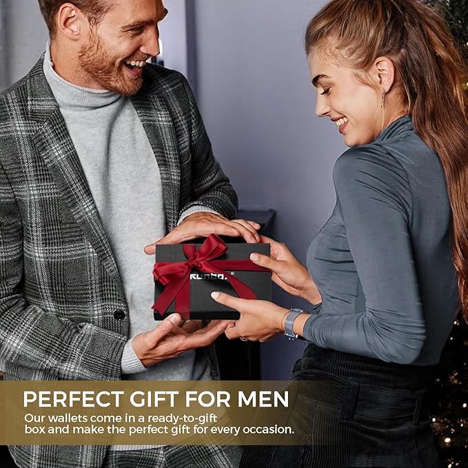 RUNBOX Wallet for Men Bifold RFID Blocking Wallets with 2 ID Window 14 Card Holders 1 cash pocket 1 Gift Box