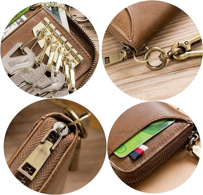 Men's Zipper Key Organizer Rfid Wallet with 6 Hooks Leather Key Holder Case (Yellow brown)