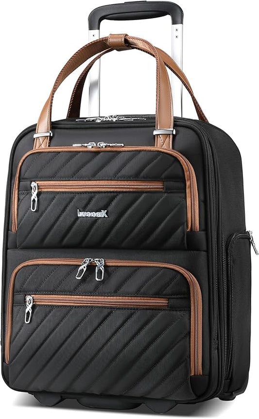 LUGGEX Underseat Carry On Luggage with Wheels, Stylish Lightweight Under Seat Luggage, Soft Sided Personal Item Suitcase for Short Trip (Chestnut Black, 16 Inch)