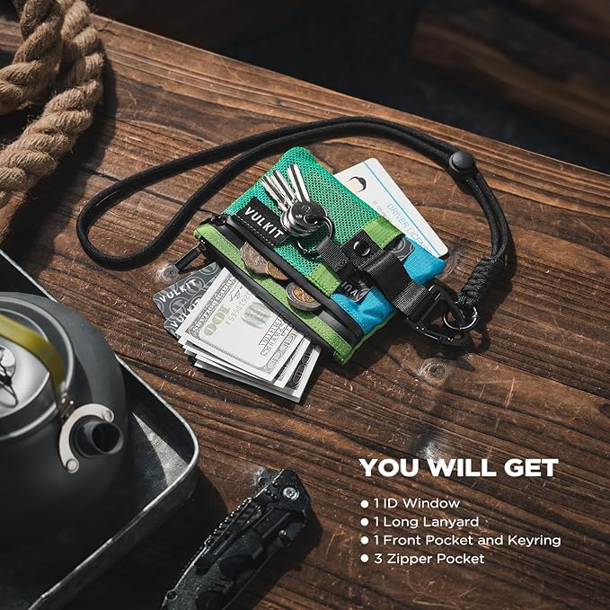 VULKIT Small Minimalist Wallet for Women and Men RFID Blocking, Zipper Coin Pouch with ID Window and Keychain, Water Resistant Travel Lanyard Wallet Green Blue