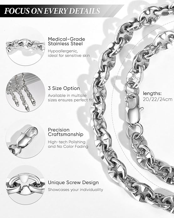 VNOX Link Chain Bracelets for Men - Cool Mens Bracelets Diamond-Cut Paperclip Solid Chain Bracelet Chunky Stainless Steel Jewelry Trendy Gifts
