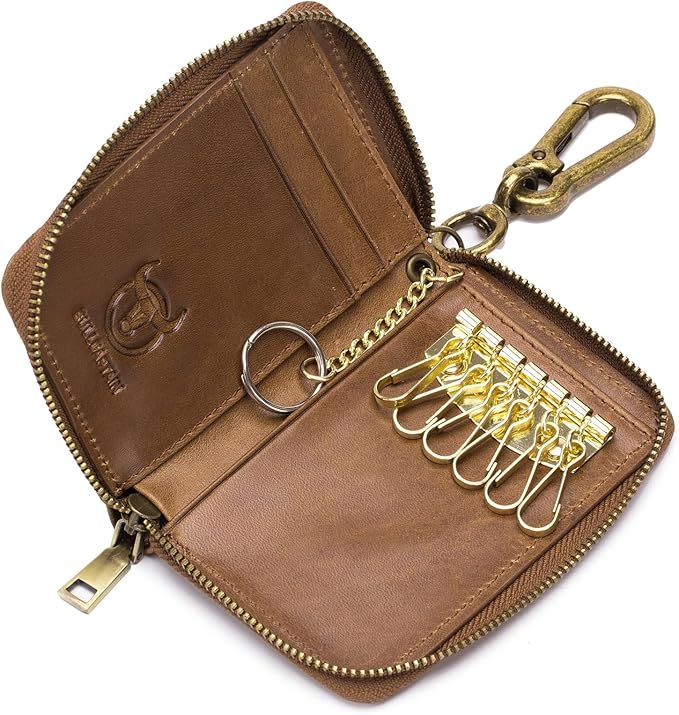 Men's Zipper Key Organizer Rfid Wallet with 6 Hooks Leather Key Holder Case (Yellow brown)