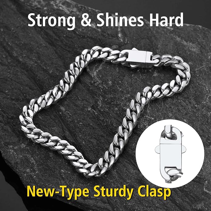 Stainless Steel Bracelets for Men,Cuban Link Mens Bracelet Silver/Black/Gold Plated Classic Chain Wrist Bracelets Jewelry Gifts for Dad Husband 5/7/9/12MM Width,7.5"/8.3"/9" Length with Gift Box