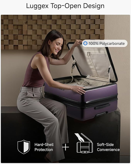 LUGGEX Checked Suitcase with Spinner Wheels, FLO5 Expandable Polycarbonate Hard Shell Suitcase with TSA Approved Lock (FX-Core, Purple, 28 Inch)