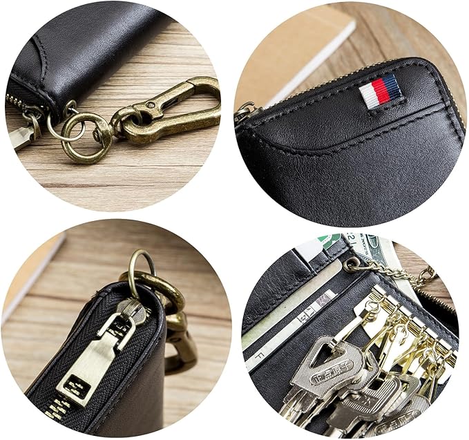 Men's Zipper Key Organizer Rfid Wallet with 6 Hooks Leather Key Holder Case (Black)