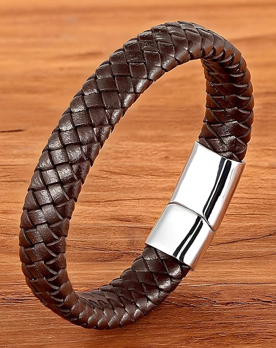 Leather Bracelet for Men, Braided Mens Cuff Bracelets with Stainless Steel Clasp Stacked Multi Style Color Anniversary Father's Day Birthday Christmas Jewelry Gifts for Him