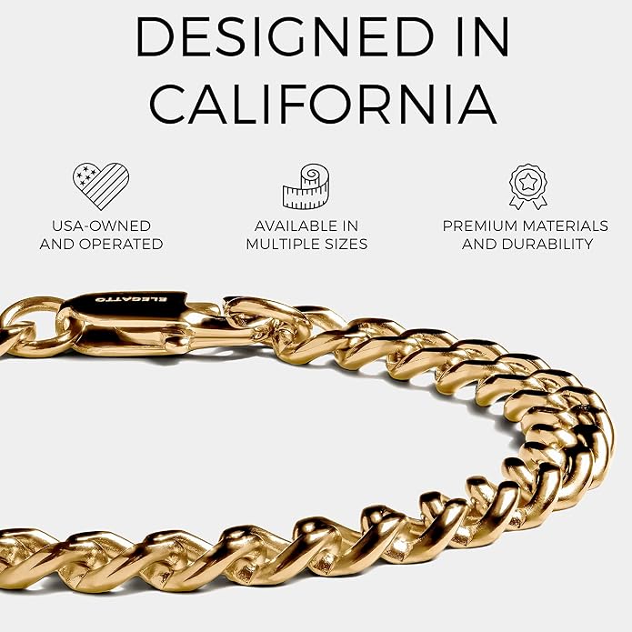 Elegatto Cuban Chain Premium 18K Gold Plated Bracelet for Men| Polished Gold-Plated Stainless Steel Cuban Link Chain | Men's Designer Jewelry Bracelets