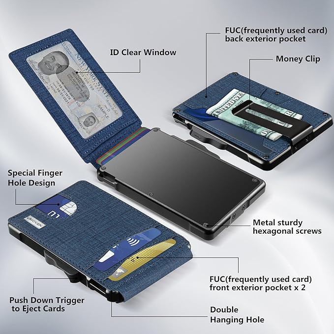 umoven Wallet for Men - with Money Clip Slim Leather Slots Credit Card Holder RFID Blocking Bifold Minimalist Wallet (Dark Blue Fabric)