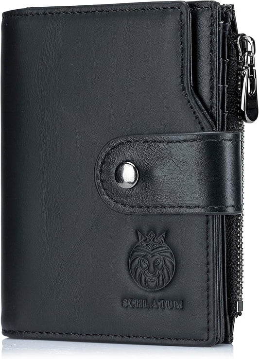 LUKZIJAES Genuine Leather Wallet for Men Vertical Model Large Capacity Card Case Purse Mens Vintage RFID Blocking with Zipper ID Window Coin Pocket (#6-Black)